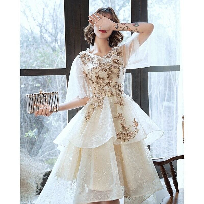Elegant Beaded Appliques Champagne Prom Dresses V-neck Lace Evening Gowns