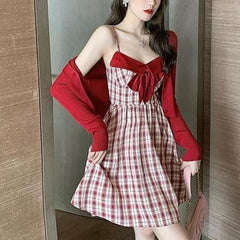 Elegant Sweet Red Cardigan Coat Paired with Bowknot Plaid Dress