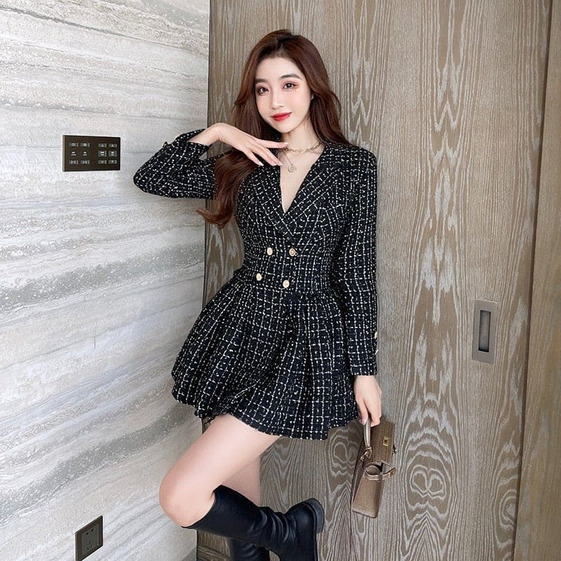 Elegant Tweed High Waist Slim Pleated Plaid Black Dress