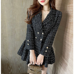 Elegant Tweed High Waist Slim Pleated Plaid Black Dress