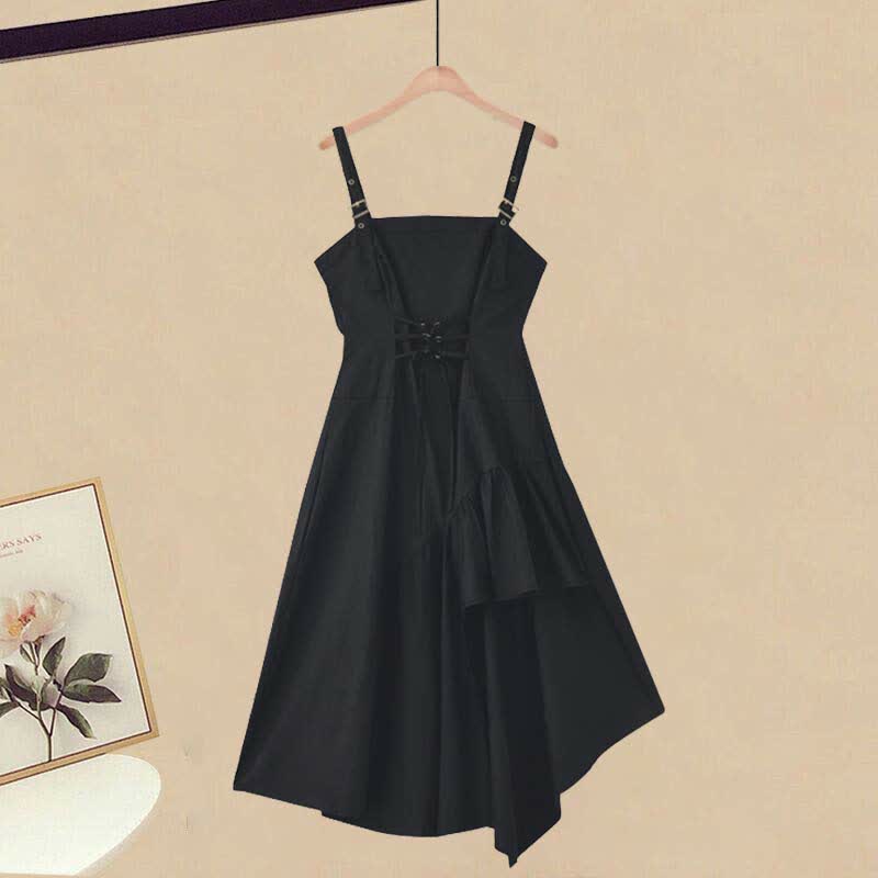 Pocket Lapel Tie T-Shirt Irregular Lace Up Slip Dress Set