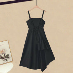 Pocket Lapel Tie T-Shirt Irregular Lace Up Slip Dress Set
