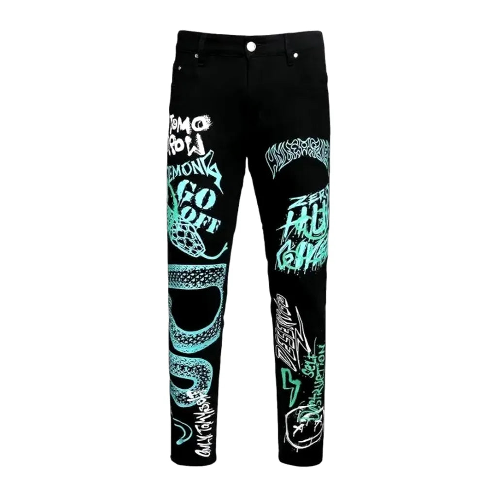 Mid waist graffiti snake design men's jeans