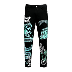Mid waist graffiti snake design men's jeans