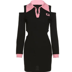 Fashion Black Pink Hollow Out Shoulder Dress