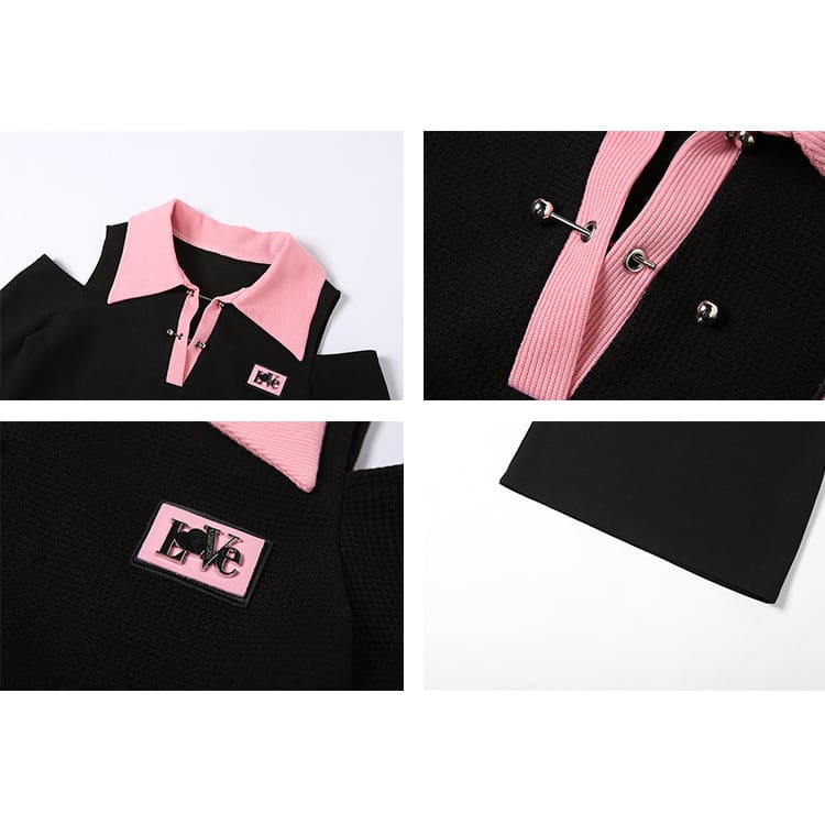 Fashion Black Pink Hollow Out Shoulder Dress