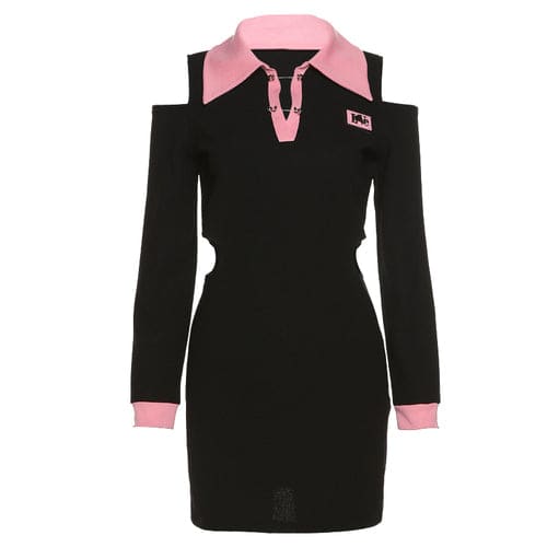 Fashion Black Pink Hollow Out Shoulder Dress