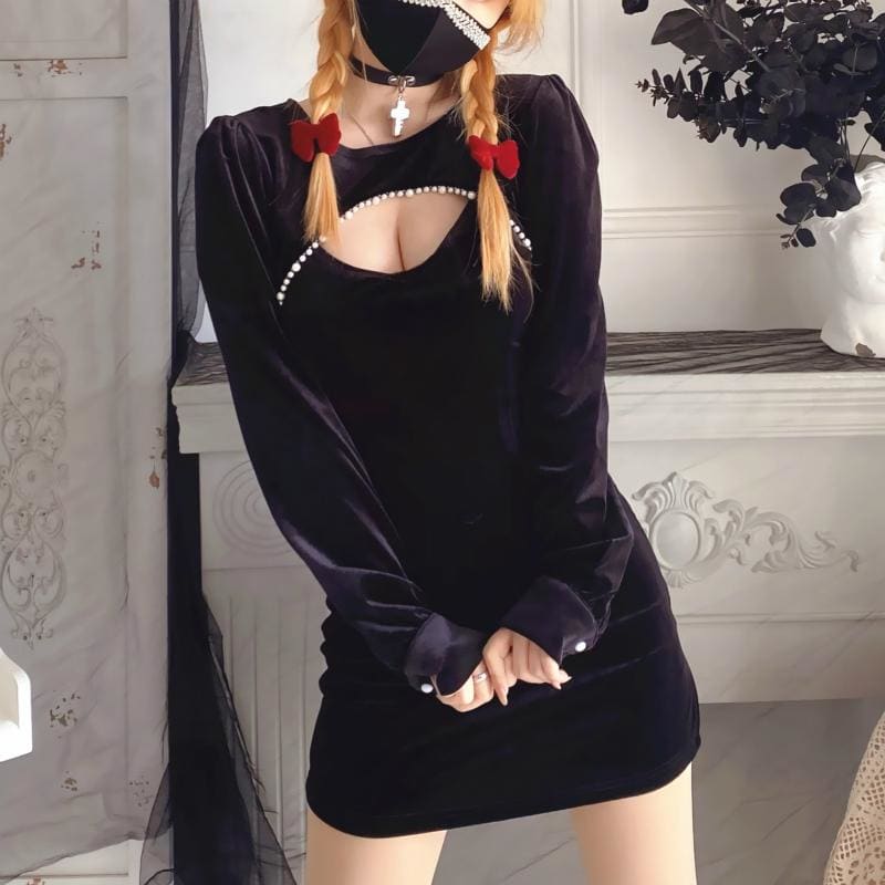 Fashion Girl Pearl Hollow Two-piece Slim Dress EE0712
