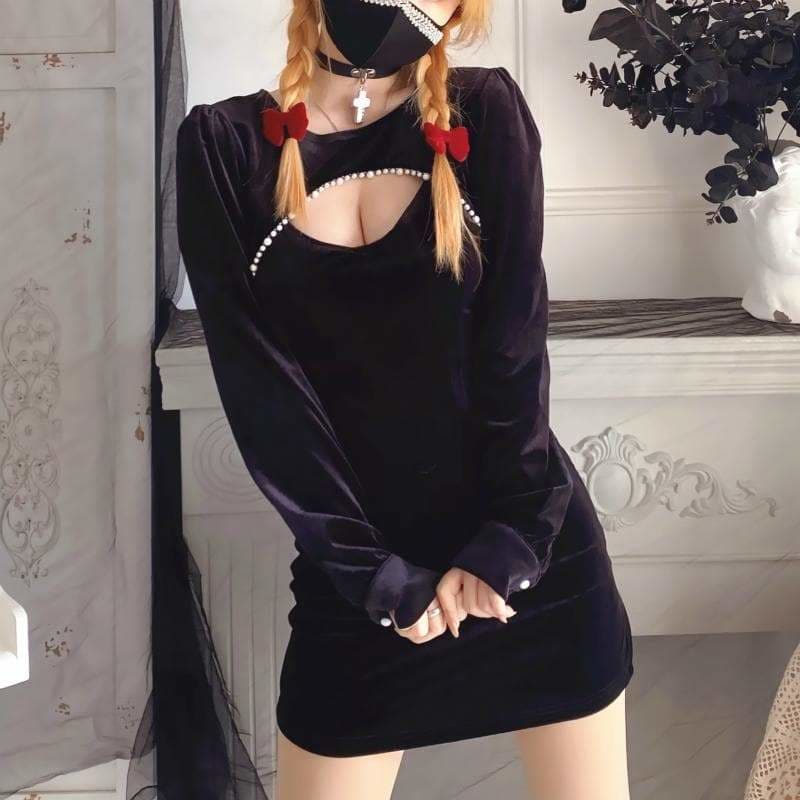 Fashion Girl Pearl Hollow Two-piece Slim Dress