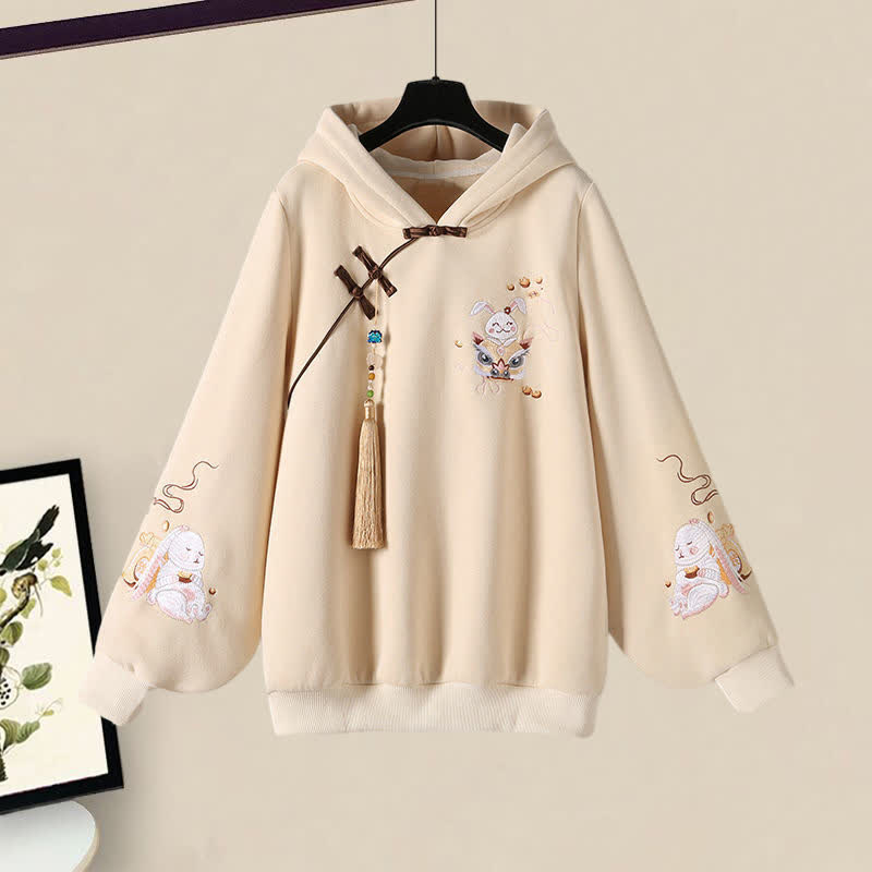 Vintage Bunny Print Fringed Buckle Hoodie Slip Dress