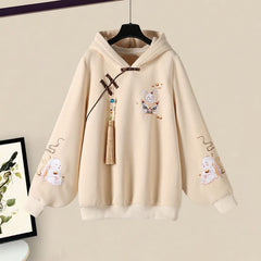 Vintage Bunny Print Fringed Buckle Hoodie Slip Dress
