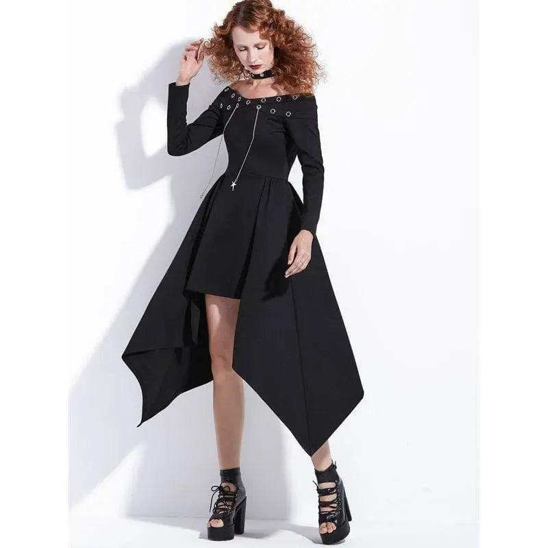 Gothic Asymmetrical Halter Eyelet Midi Dress