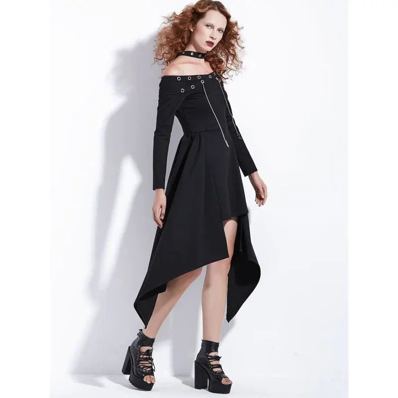 Gothic Asymmetrical Halter Eyelet Midi Dress