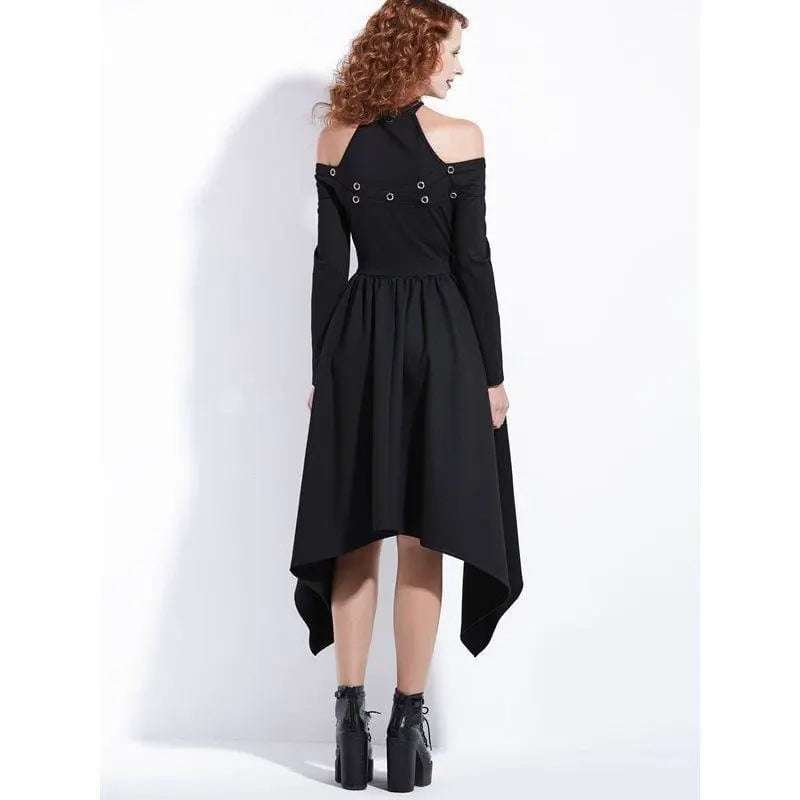 Gothic Asymmetrical Halter Eyelet Midi Dress
