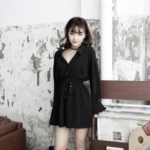 Gothic Belted V Collar Mini Dress Shirt