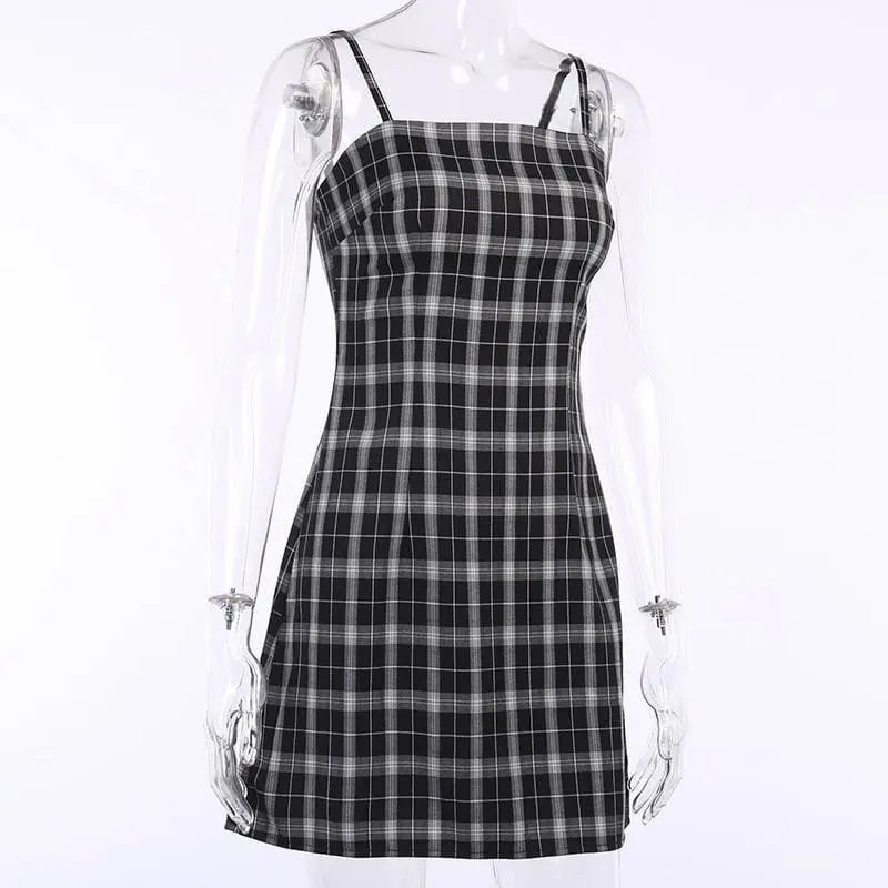 Gothic Black White Plaid Mini Dress