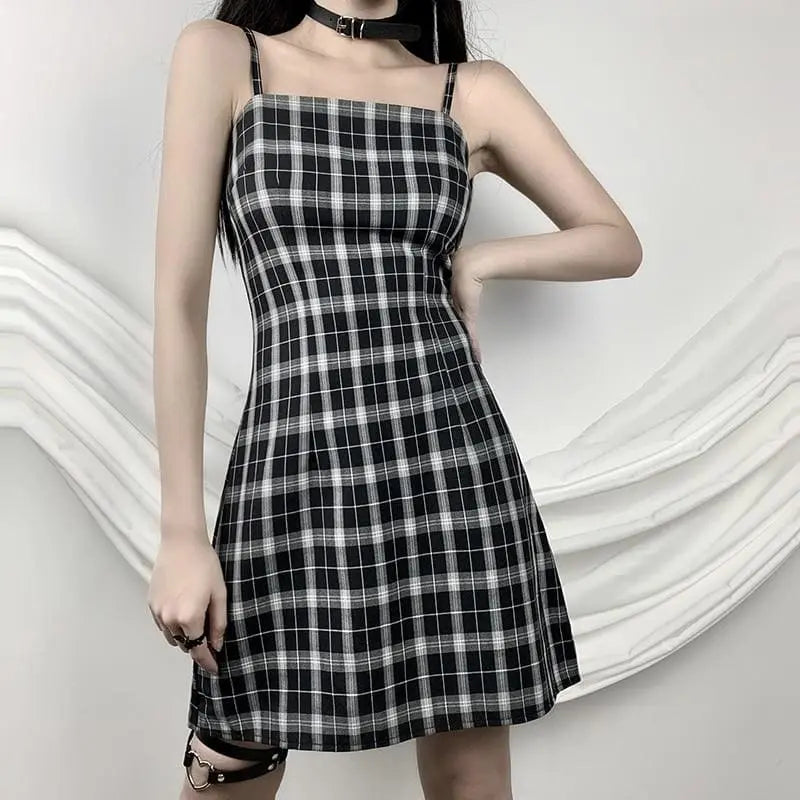 Gothic Black White Plaid Mini Dress