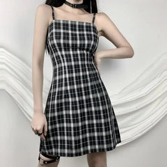 Gothic Black White Plaid Mini Dress