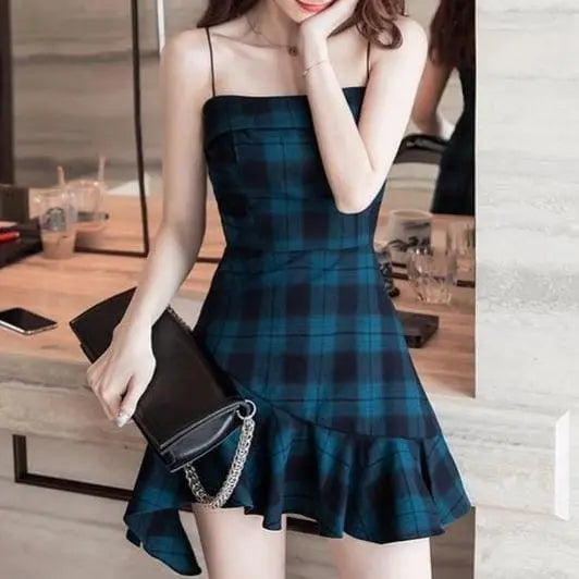 Gothic Blue Sling Strap Plaid Dress