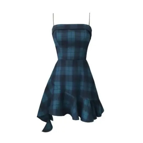 Gothic Blue Sling Strap Plaid Dress