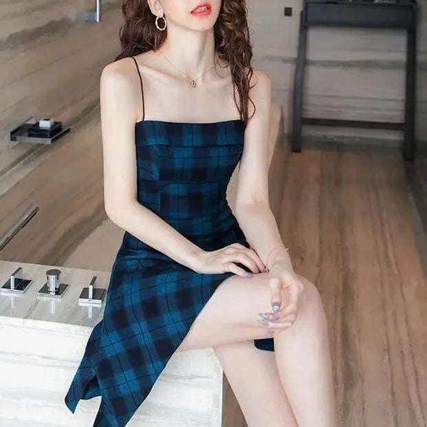 Gothic Blue Sling Strap Plaid Dress