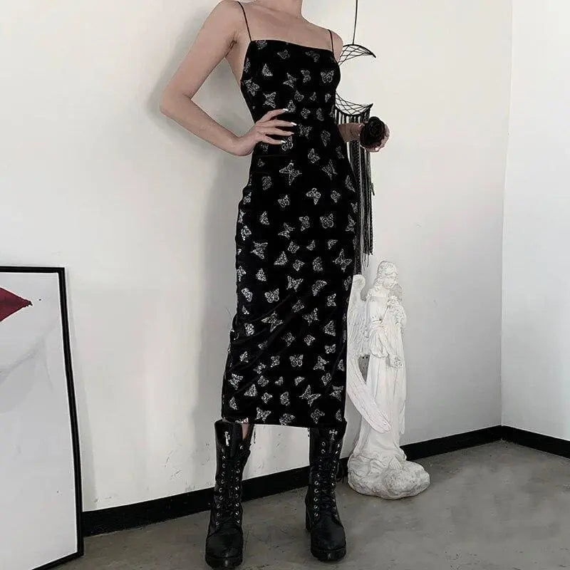 Gothic Butterfly Velvet Bodycon Slit Dress