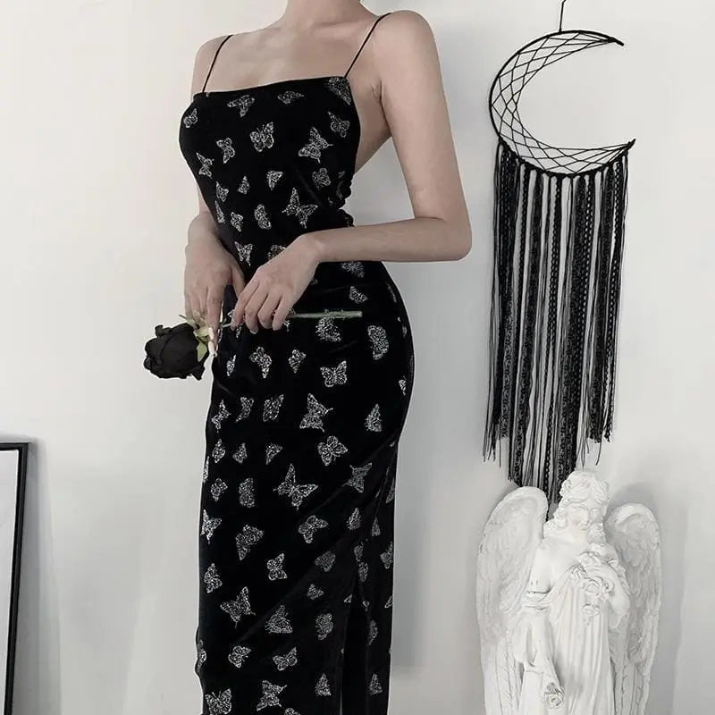 Gothic Butterfly Velvet Bodycon Slit Dress