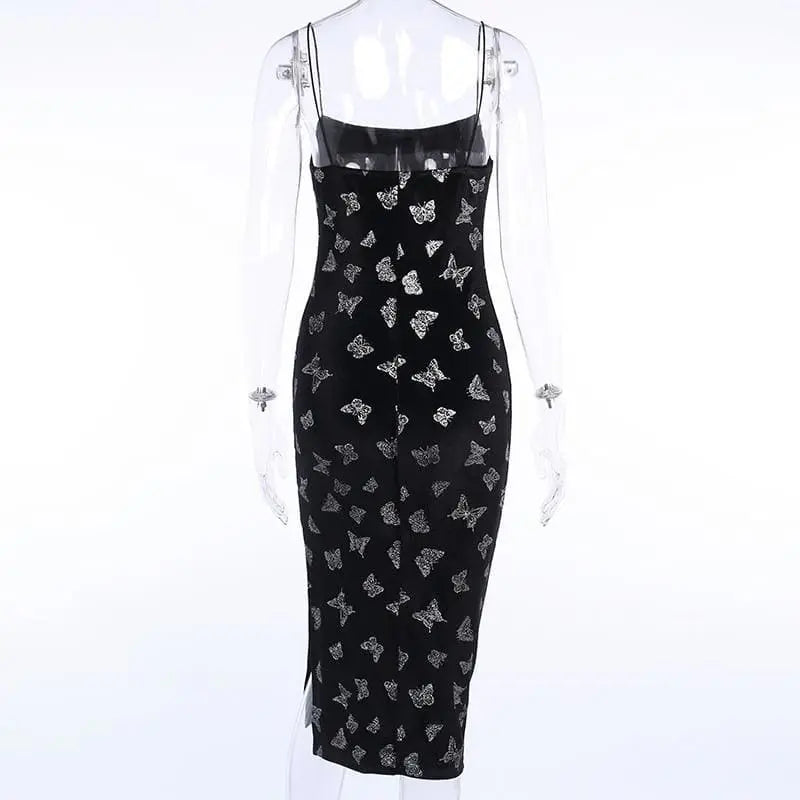 Gothic Butterfly Velvet Bodycon Slit Dress