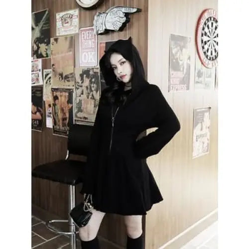 Gothic Cat Ears Zipper Hoodie Dress