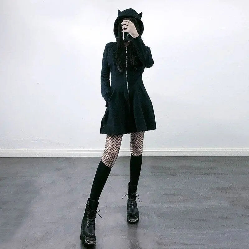 Gothic Cat Ears Zipper Hoodie Dress