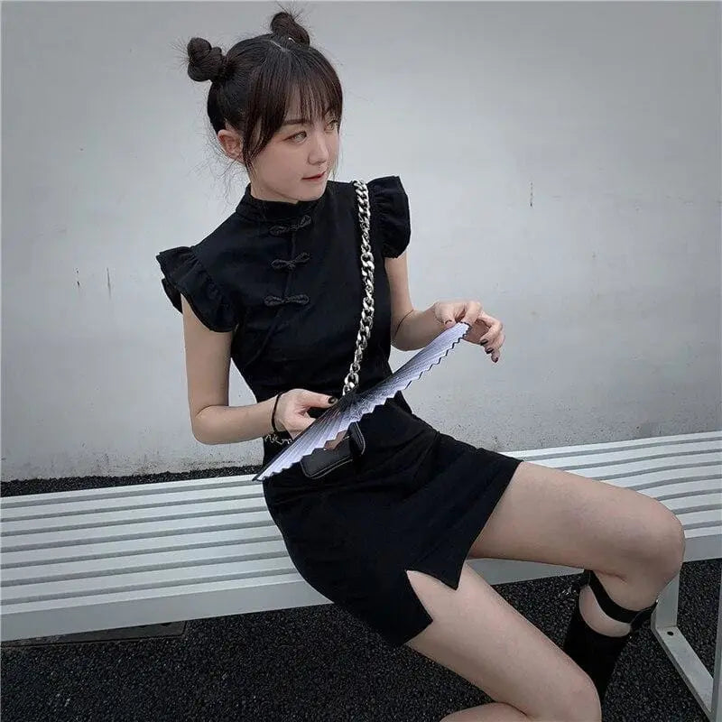 Gothic Cheongsam Style Ruffles Mini Dress