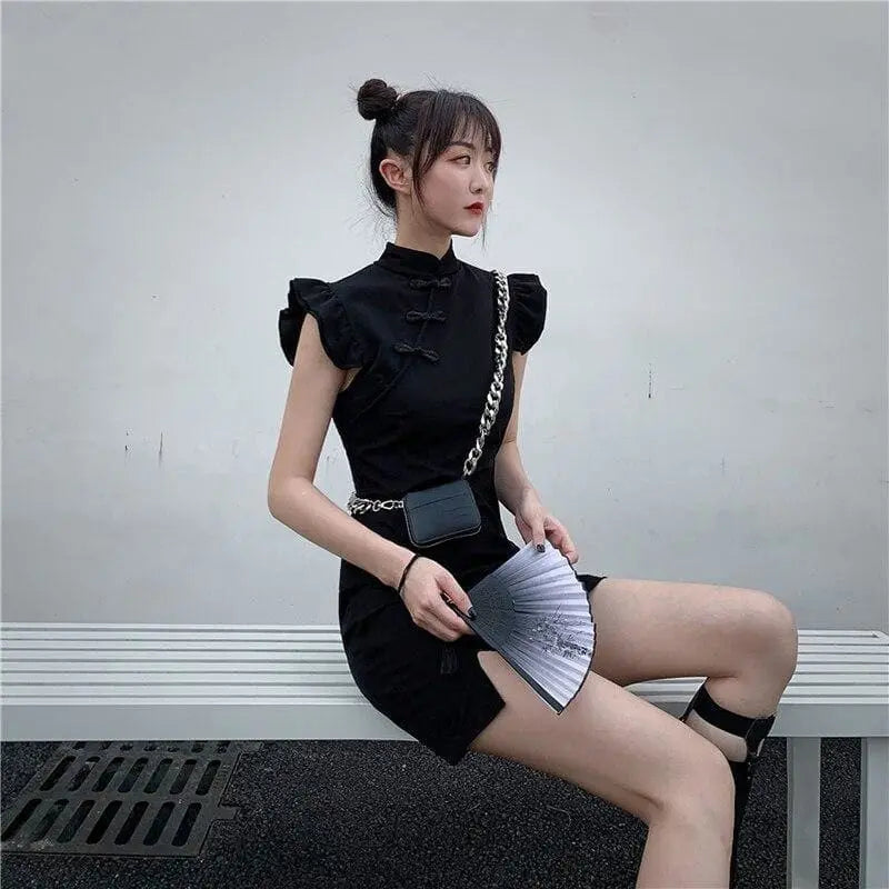 Gothic Cheongsam Style Ruffles Mini Dress