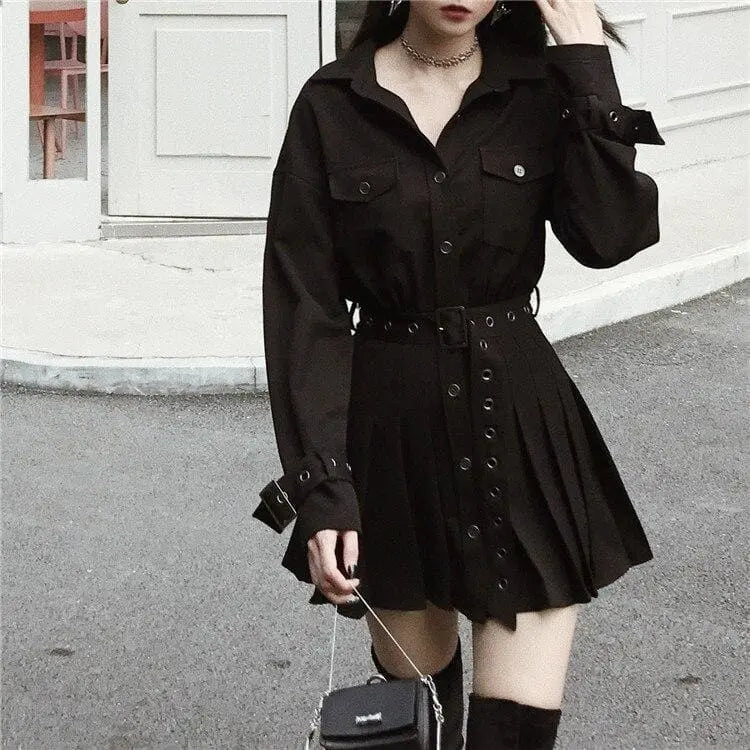 Gothic Classic Collar Grommet Belted Dress