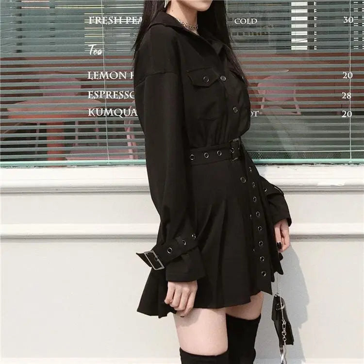 Gothic Classic Collar Grommet Belted Dress