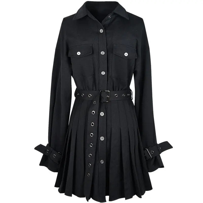 Gothic Classic Collar Grommet Belted Dress