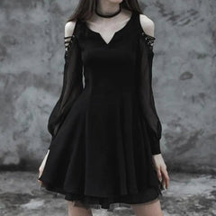 Gothic Cold Shoulder Mesh Sleeve V Neck Dress