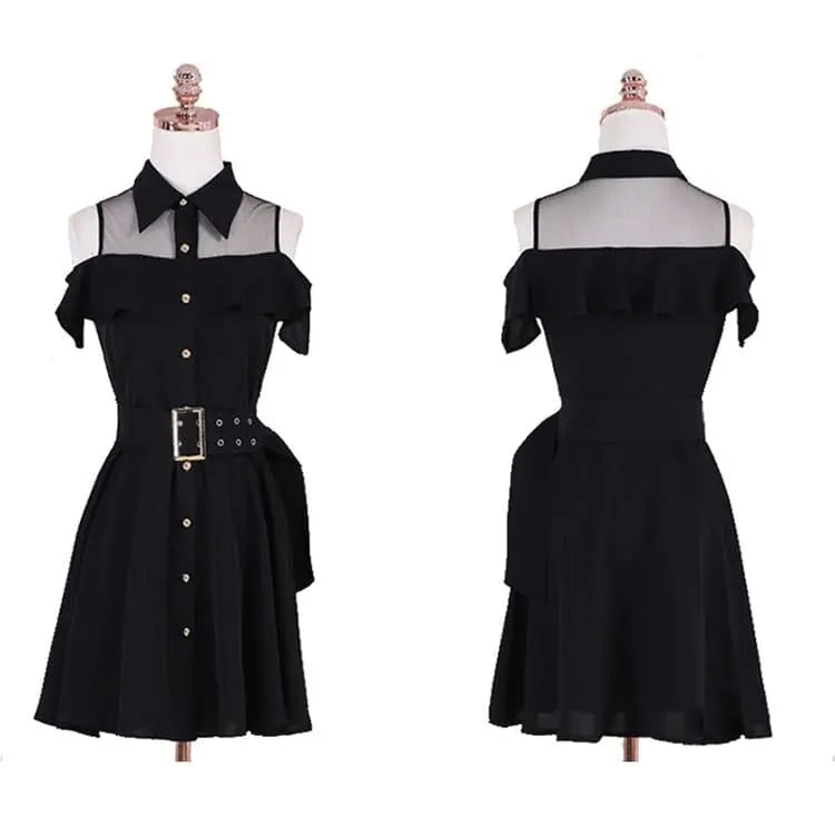 Gothic Cold Shoulder Turn Down Collar Belted Dress