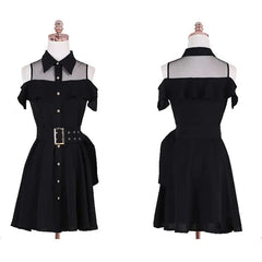 Gothic Cold Shoulder Turn Down Collar Belted Dress