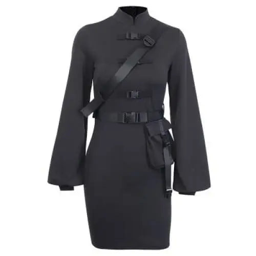 Gothic Cyberpunk Cheongsam Style Buckle Straps Mini Dress