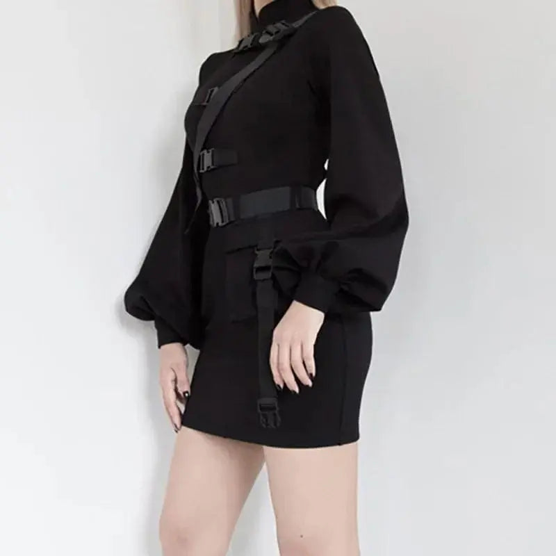 Gothic Cyberpunk Cheongsam Style Buckle Straps Mini Dress