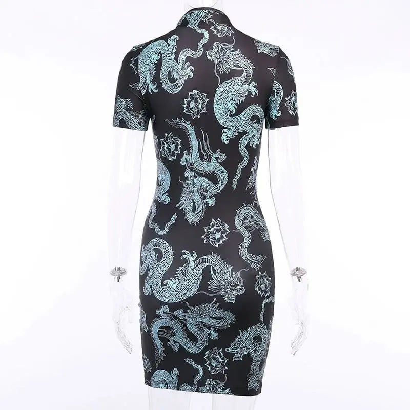 Gothic Dragon Print Cheongsam Summer Bodycon Slit Mini Dress