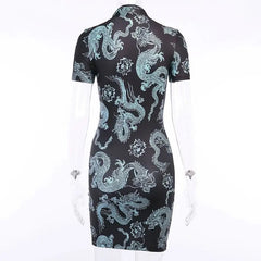 Gothic Dragon Print Cheongsam Summer Bodycon Slit Mini Dress