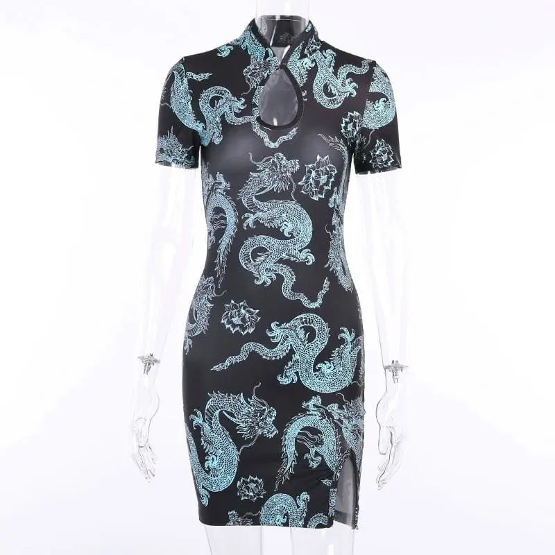 Gothic Dragon Print Cheongsam Summer Bodycon Slit Mini Dress