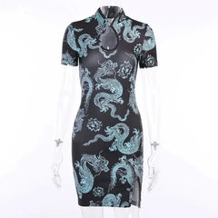 Gothic Dragon Print Cheongsam Summer Bodycon Slit Mini Dress