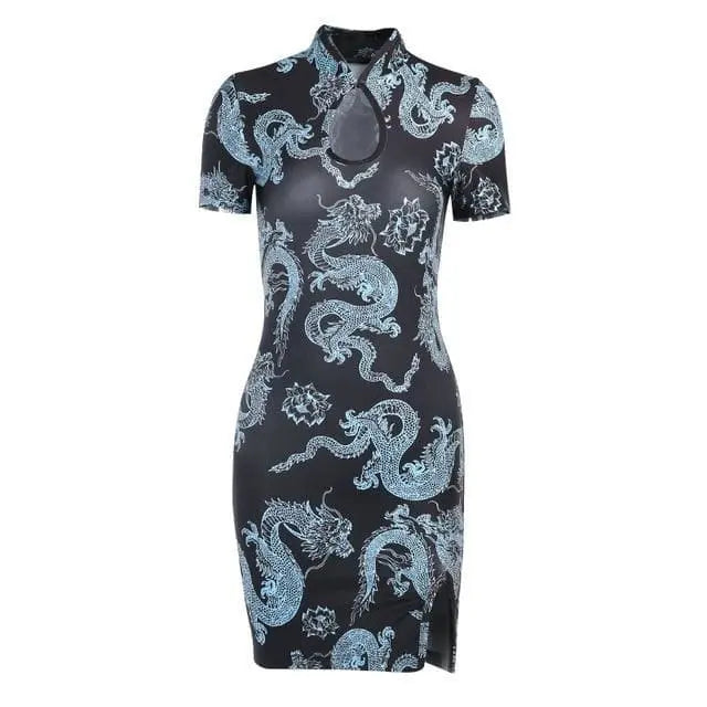 Gothic Dragon Print Cheongsam Summer Bodycon Slit Mini Dress