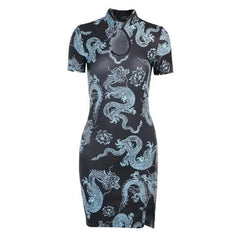 Gothic Dragon Print Cheongsam Summer Bodycon Slit Mini Dress