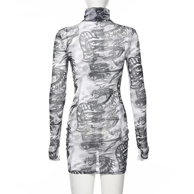 Gothic Dragon Print White Mesh Turtleneck Bodycon Mini Dress
