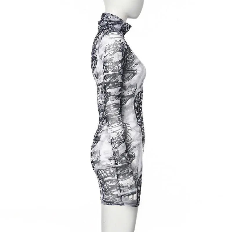 Gothic Dragon Print White Mesh Turtleneck Bodycon Mini Dress