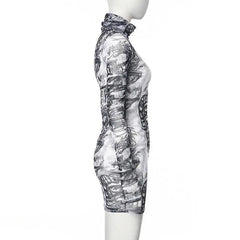 Gothic Dragon Print White Mesh Turtleneck Bodycon Mini Dress