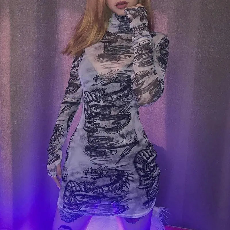 Gothic Dragon Print White Mesh Turtleneck Bodycon Mini Dress